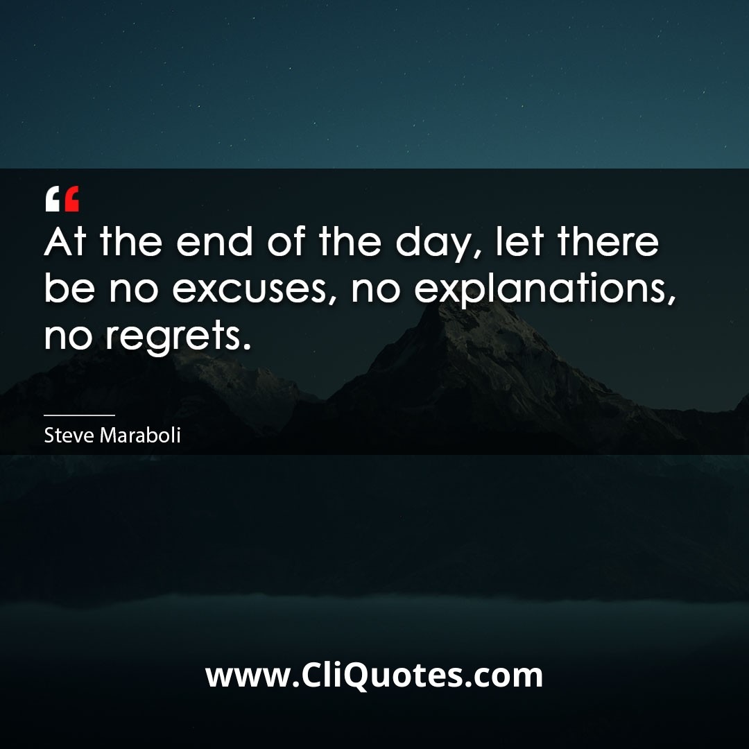 At the end of the day, let there be no excuses, no explanations, no regrets. -Steve Maraboli