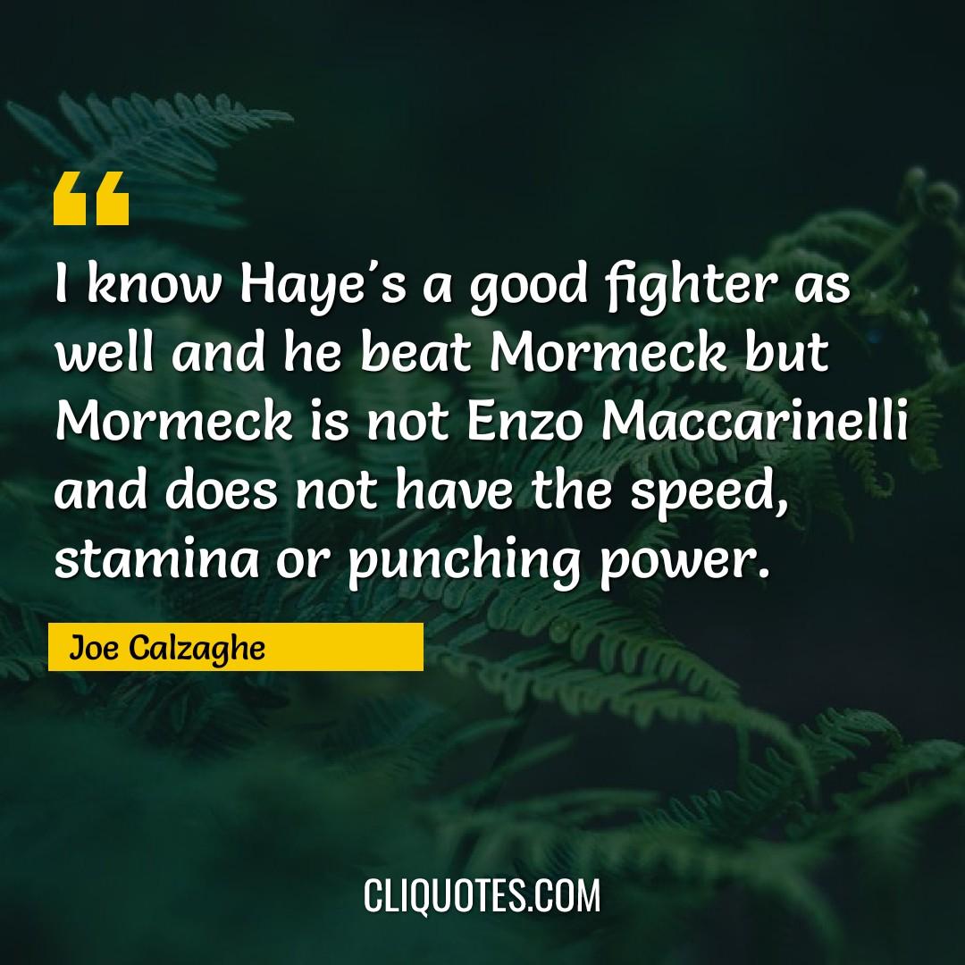 I know Haye's a good fighter as well and he beat Mormeck but Mormeck is not Enzo Maccarinelli and does not have the speed, stamina or punching power. -Joe Calzaghe