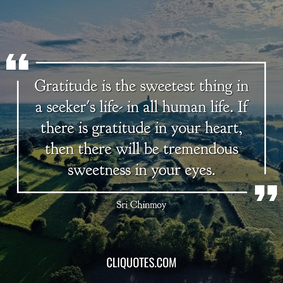 Gratitude is the sweetest thing in a seeker's life- in all human life. If there is gratitude in your heart, then there will be tremendous sweetness in your eyes. -Sri Chinmoy