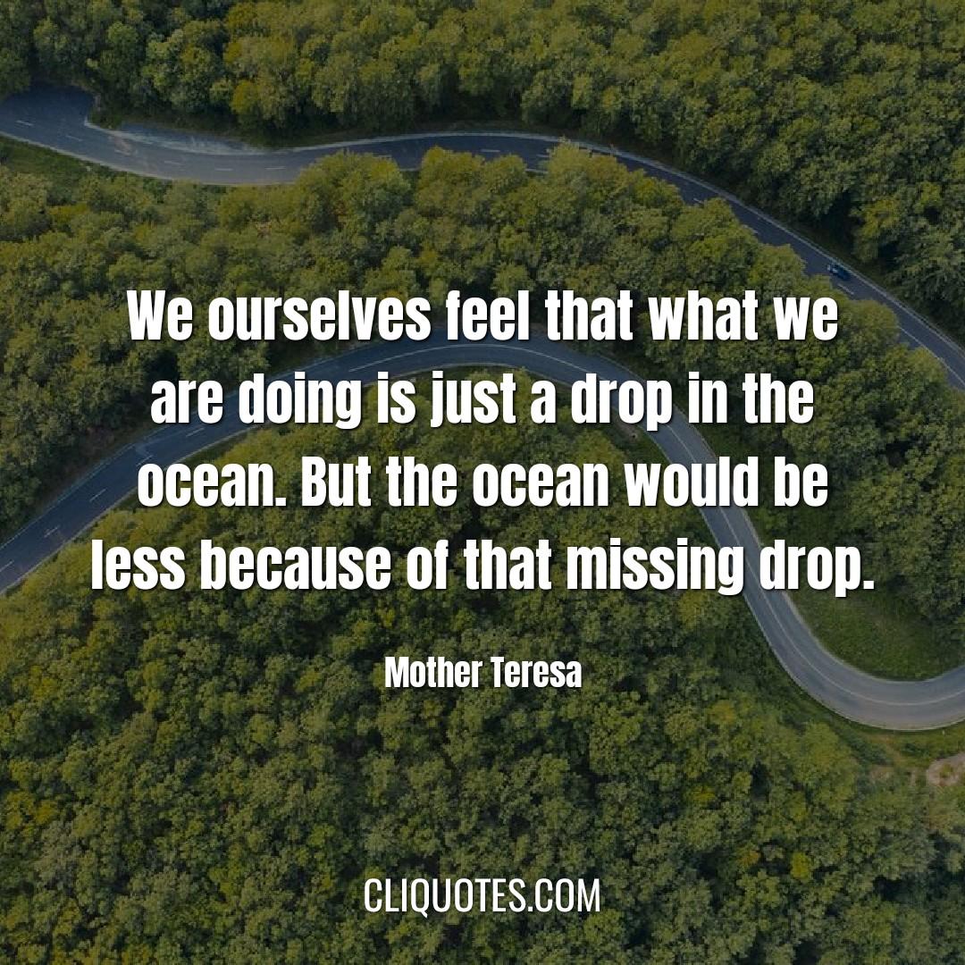 We ourselves feel that what we are doing is just a drop in the ocean. But the ocean would be less because of that missing drop. -Mother Teresa